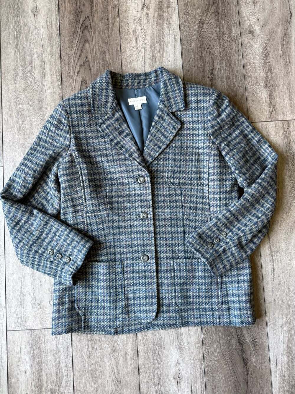 Appleseeds Vintage Womens 12 Blue Plaid Tweed 100% Wool Blazer Jacket Pockets